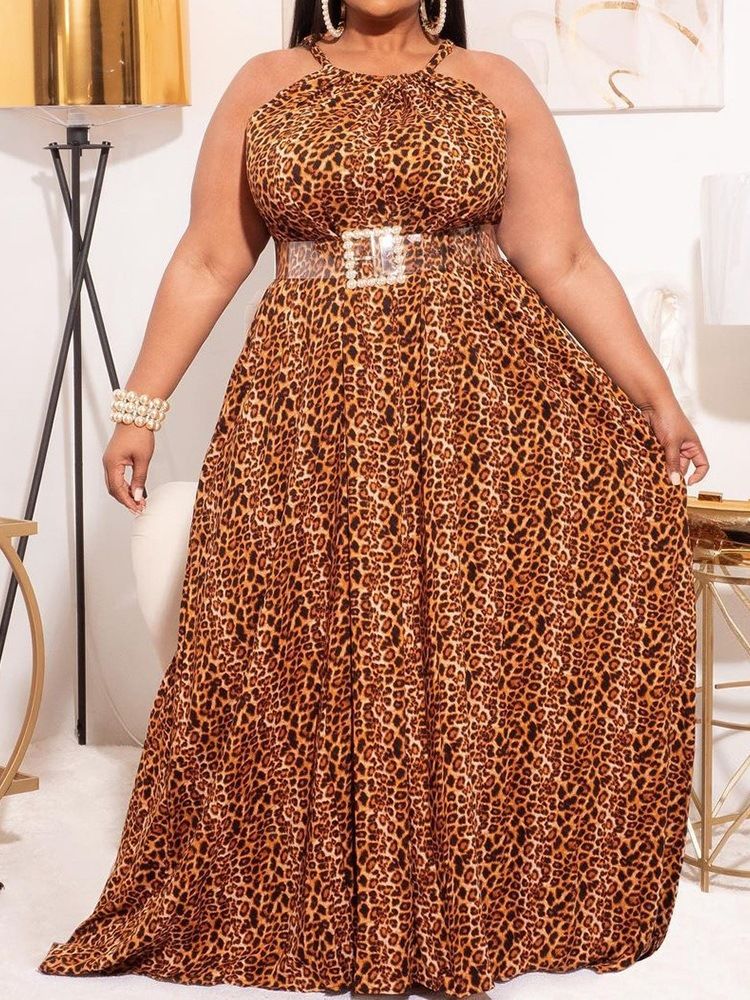 Ermeløs Gulvlang Mote Leopardkjole Plus Size