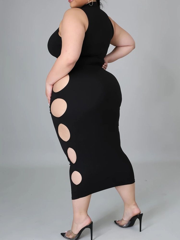 Ermeløs Mid-Calf Hollow Plain Kjole Plus Size