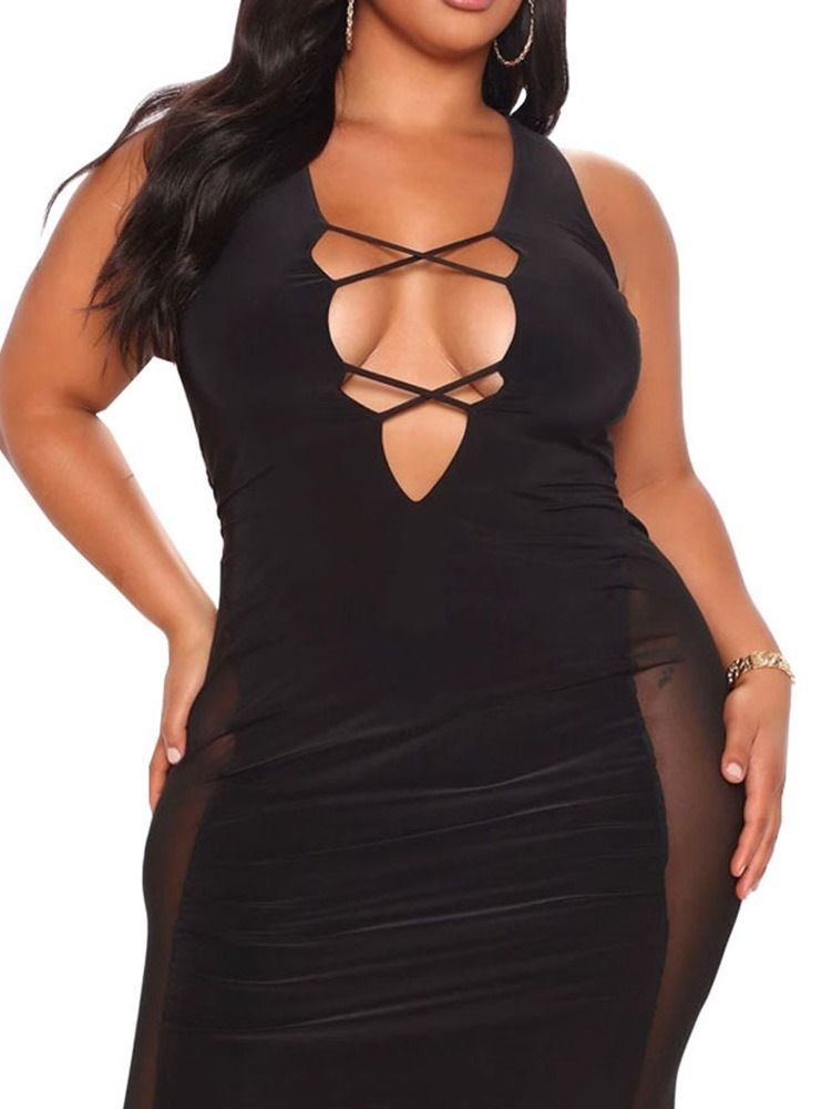 Ermeløs Patchwork Gulvlang Black Bodycon Kjole Plus Size