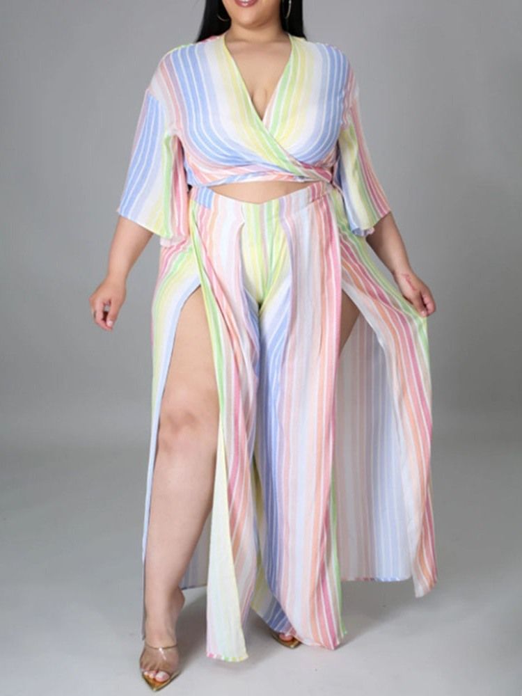 Fashion Stripe Bukser Todelt Sett Damebuksesett Plus Size