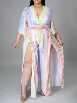 Fashion Stripe Bukser Todelt Sett Damebuksesett Plus Size