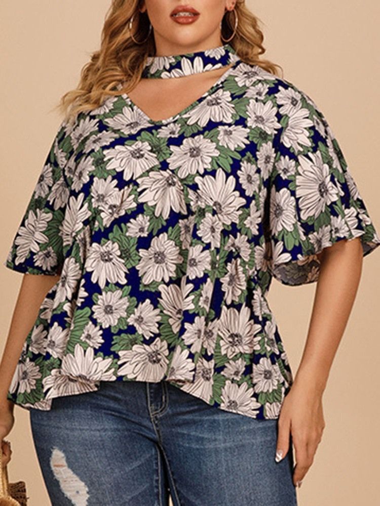 Floral Falbala Kvinners Halvermet Standard Bluse Pluss Størrelse