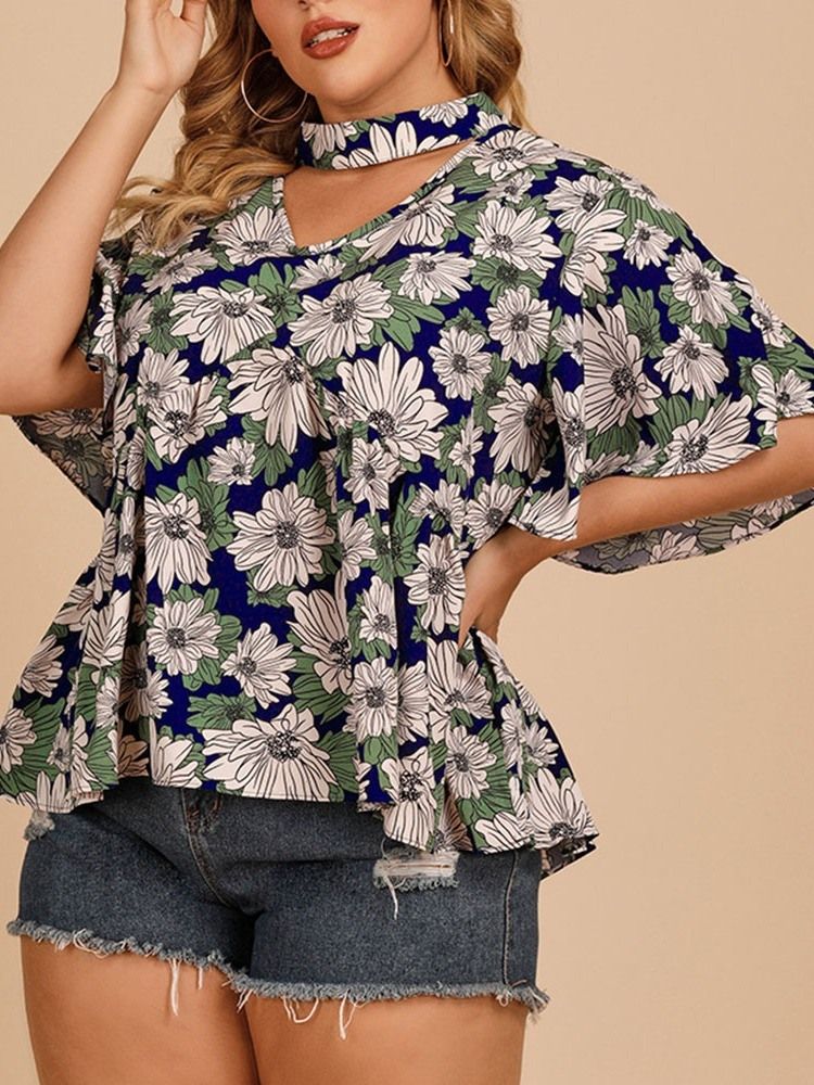 Floral Falbala Kvinners Halvermet Standard Bluse Pluss Størrelse