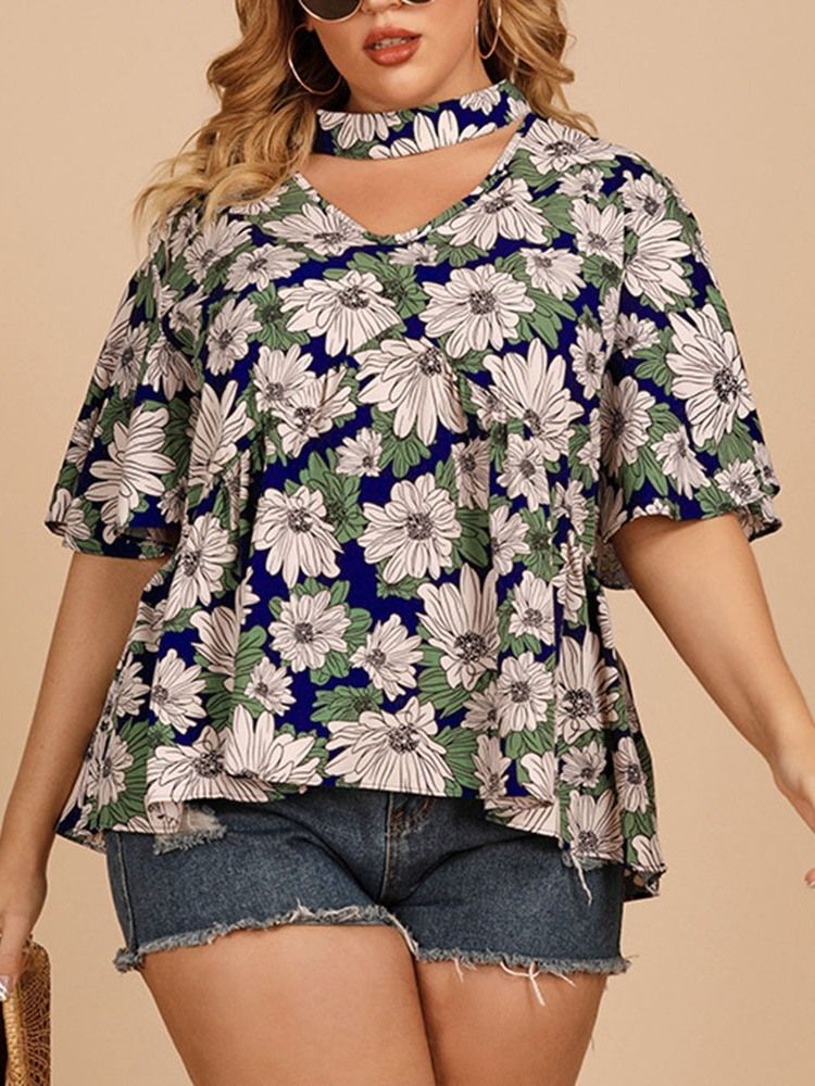 Floral Falbala Kvinners Halvermet Standard Bluse Pluss Størrelse