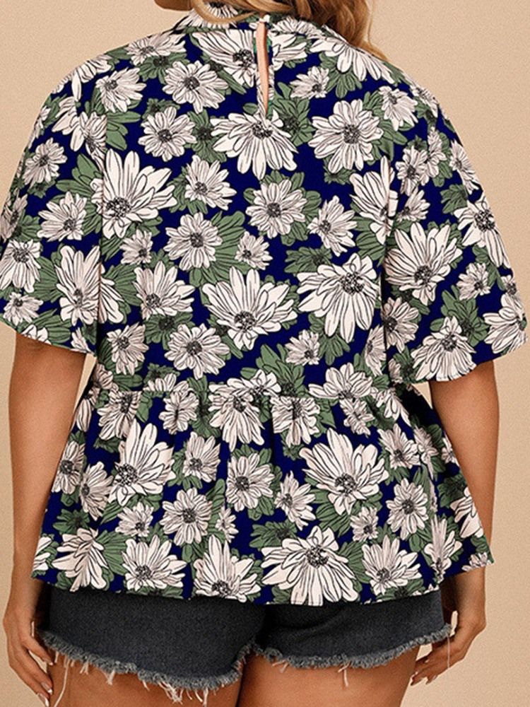 Floral Falbala Kvinners Halvermet Standard Bluse Pluss Størrelse