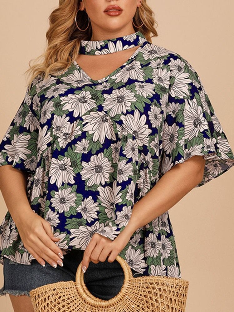 Floral Falbala Kvinners Halvermet Standard Bluse Pluss Størrelse