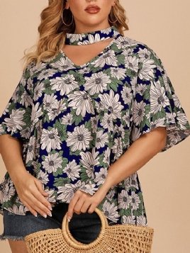 Floral Falbala Kvinners Halvermet Standard Bluse Pluss Størrelse