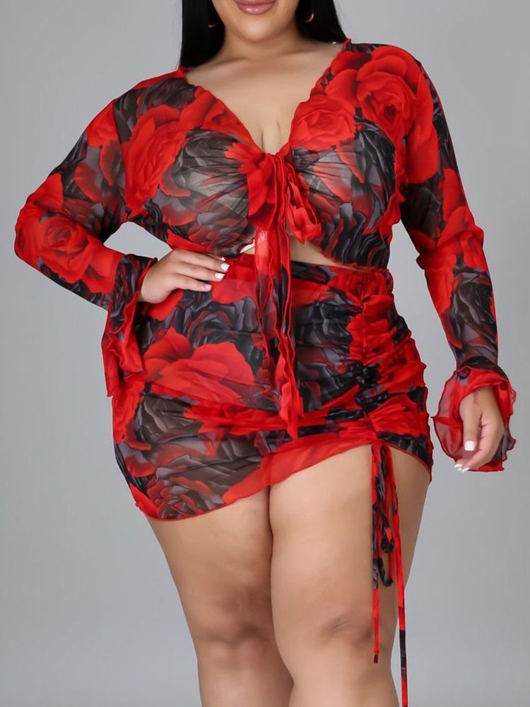 Floral Sexy Skjørt Bodycon Todelt Sett Dameskjørtsett Pluss Størrelse