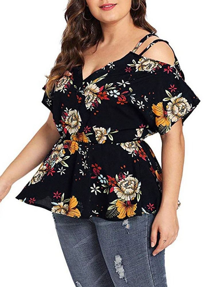 Floral Standard V-Hals Slank Western T-Skjorte For Kvinner Plus Size