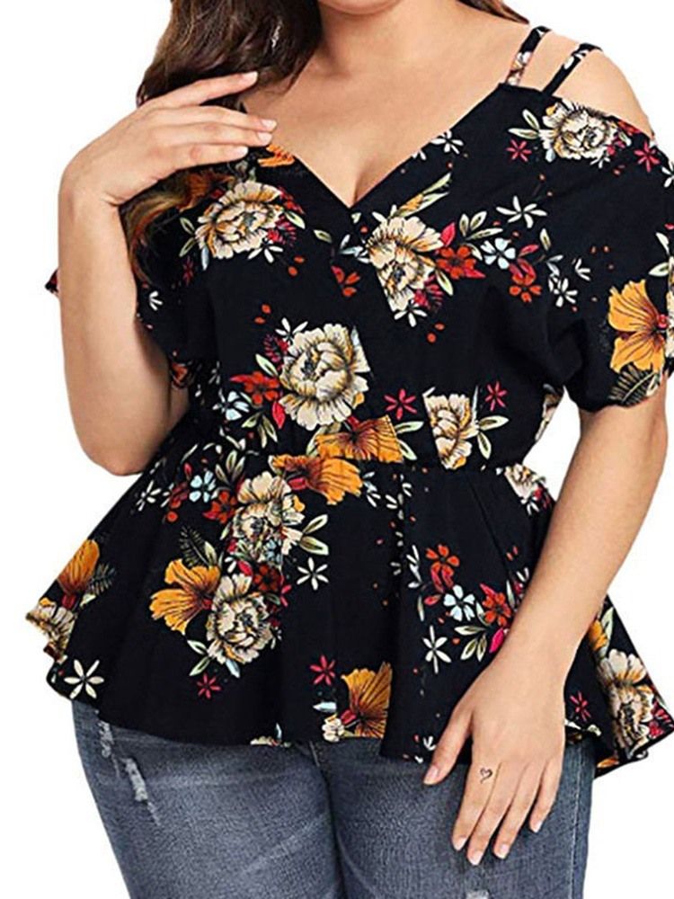 Floral Standard V-Hals Slank Western T-Skjorte For Kvinner Plus Size