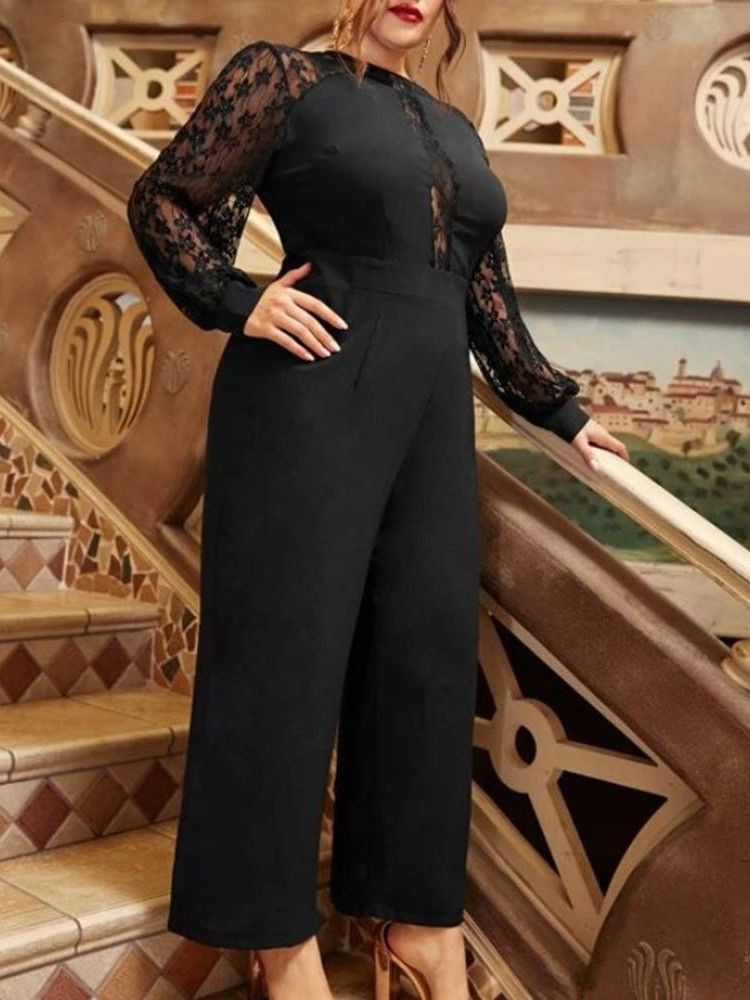 Full Lengde Mesh Vanlig Rett Løs Jumpsuit For Kvinner Plus Size