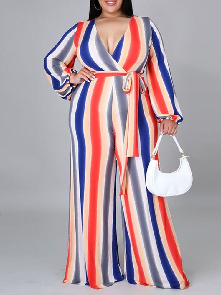 Full Lengde Stripe Western Kvinners Løse Brede Ben Jumpsuit Plus Size