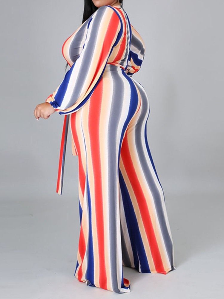 Full Lengde Stripe Western Kvinners Løse Brede Ben Jumpsuit Plus Size