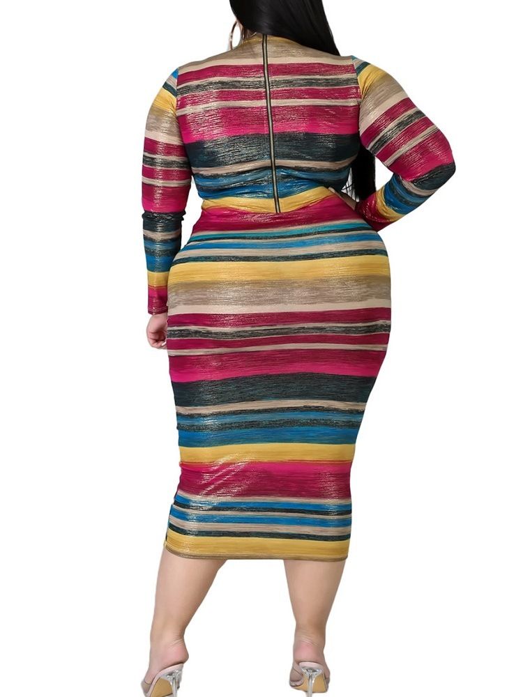 Glidelås Mid-Calf Stand Collar Stripe Pullover Dress