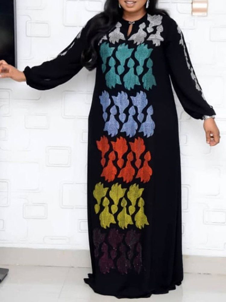 Gulvlang Rhinestone Langermet Lantern Sleeve Color Block Dress