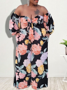 Hellengde Floral Casual Slim Jumpsuit For Kvinner Pluss Størrelse