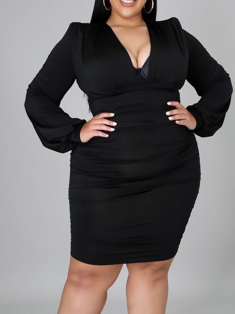 Langermet V-Hals Over Kneet Plain Bodycon Kjole Plus Size