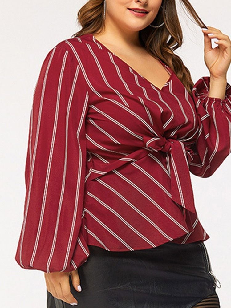 Lantern Sleeve Stripe V-Hals Langermet Standard Kvinners Bluse Plus Size