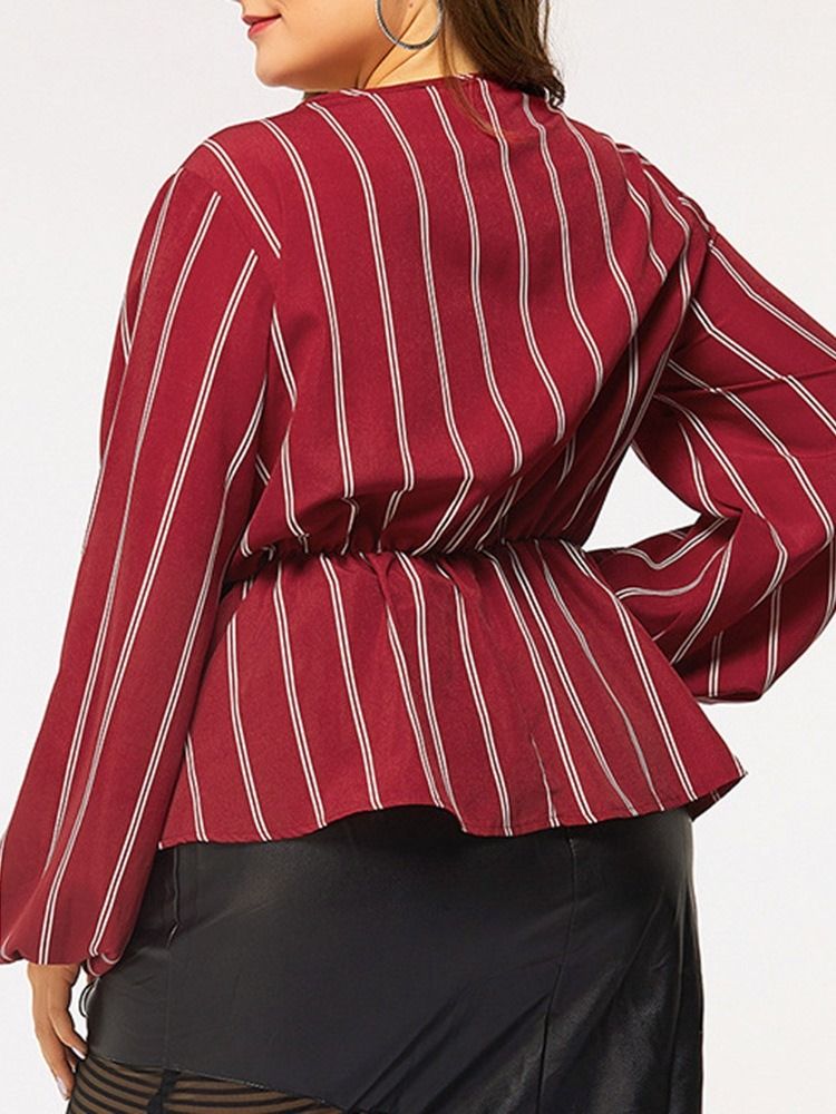 Lantern Sleeve Stripe V-Hals Langermet Standard Kvinners Bluse Plus Size