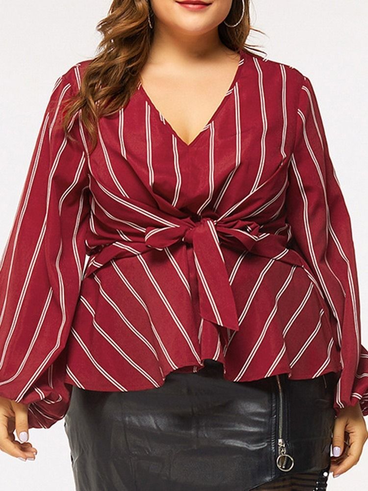 Lantern Sleeve Stripe V-Hals Langermet Standard Kvinners Bluse Plus Size