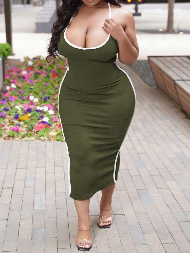 Mid-Calf Ermeløs Ryggløs Color Block Bodycon Kjole Plus Size