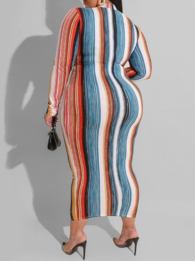 Mid-Calf Langermet Patchwork Stripe Plus Size-Kjole