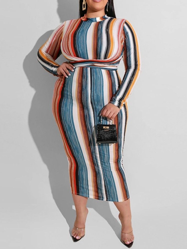 Mid-Calf Langermet Patchwork Stripe Plus Size-Kjole