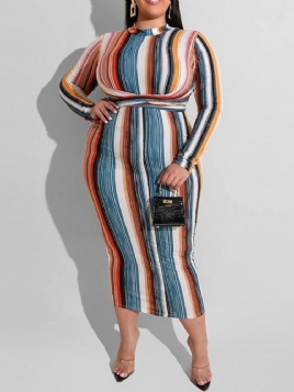 Mid-Calf Langermet Patchwork Stripe Plus Size-Kjole