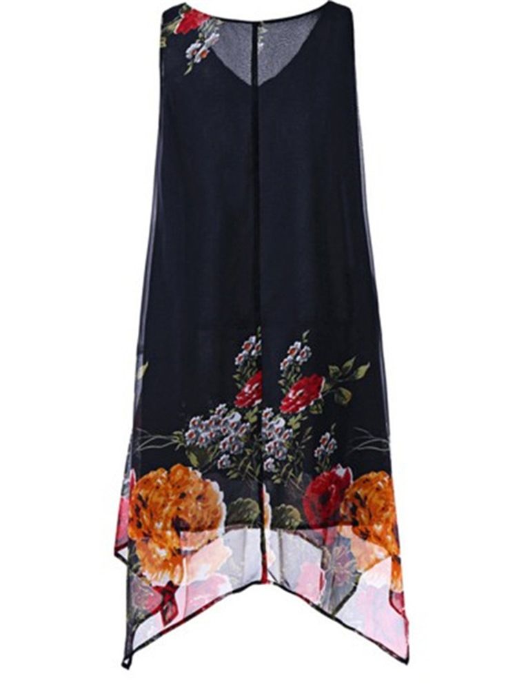 Navy Floral V-Hals Asymmetrisk Plusee Casual Dress