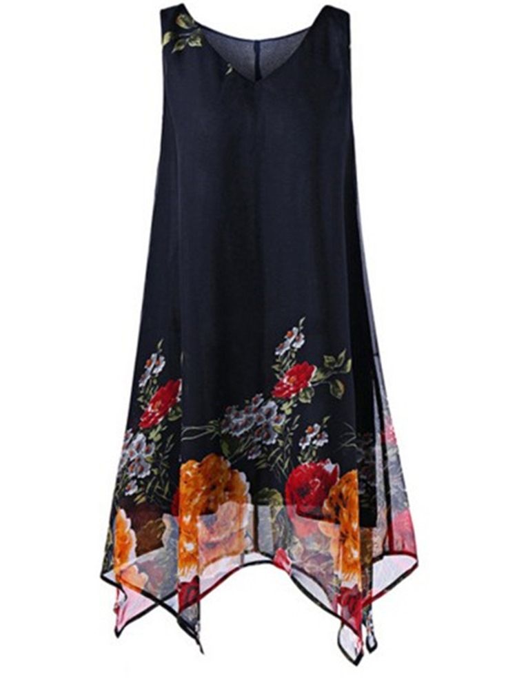 Navy Floral V-Hals Asymmetrisk Plusee Casual Dress