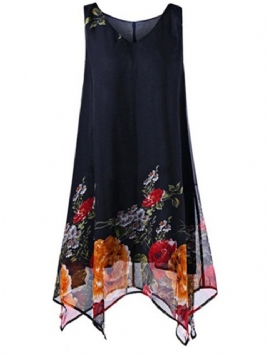 Navy Floral V-Hals Asymmetrisk Plusee Casual Dress