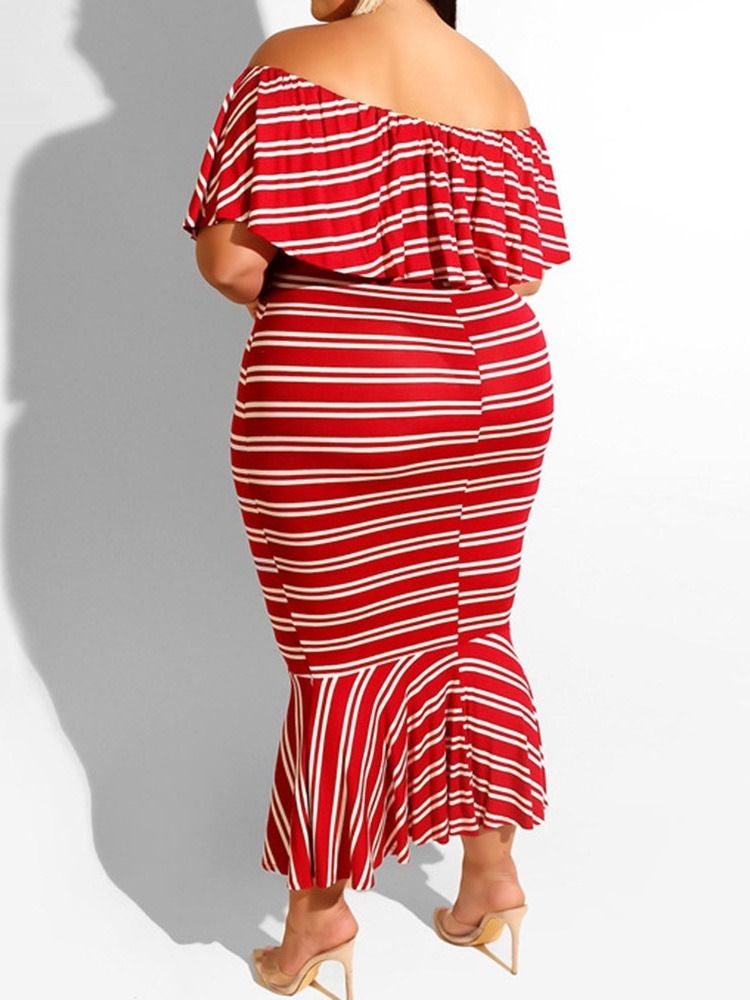 Off Shoulder Patchwork Mid-Calf Fashion Stripe Mermaid Bodycon Dress