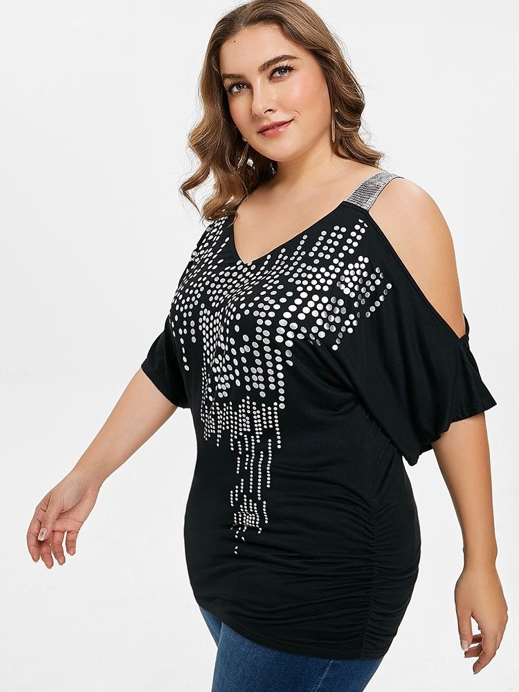 Off-Shoulder Polka Dots Plus Size Sommer T-Skjorte