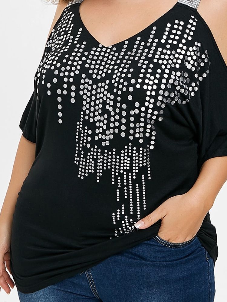 Off-Shoulder Polka Dots Plus Size Sommer T-Skjorte