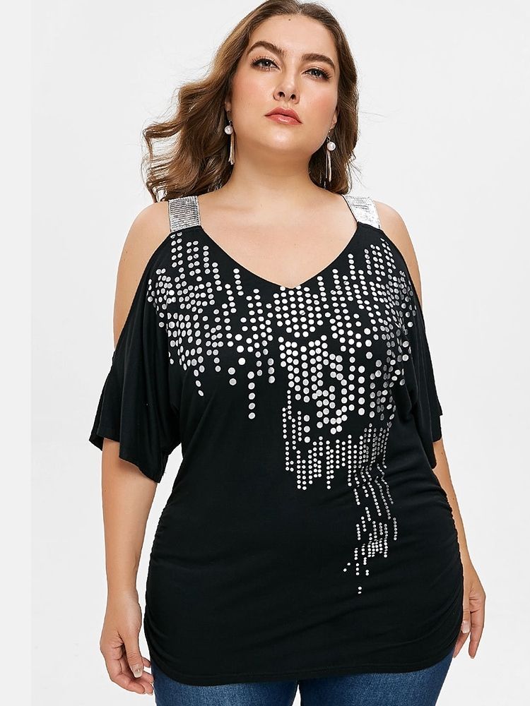 Off-Shoulder Polka Dots Plus Size Sommer T-Skjorte