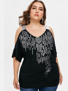 Off-Shoulder Polka Dots Plus Size Sommer T-Skjorte