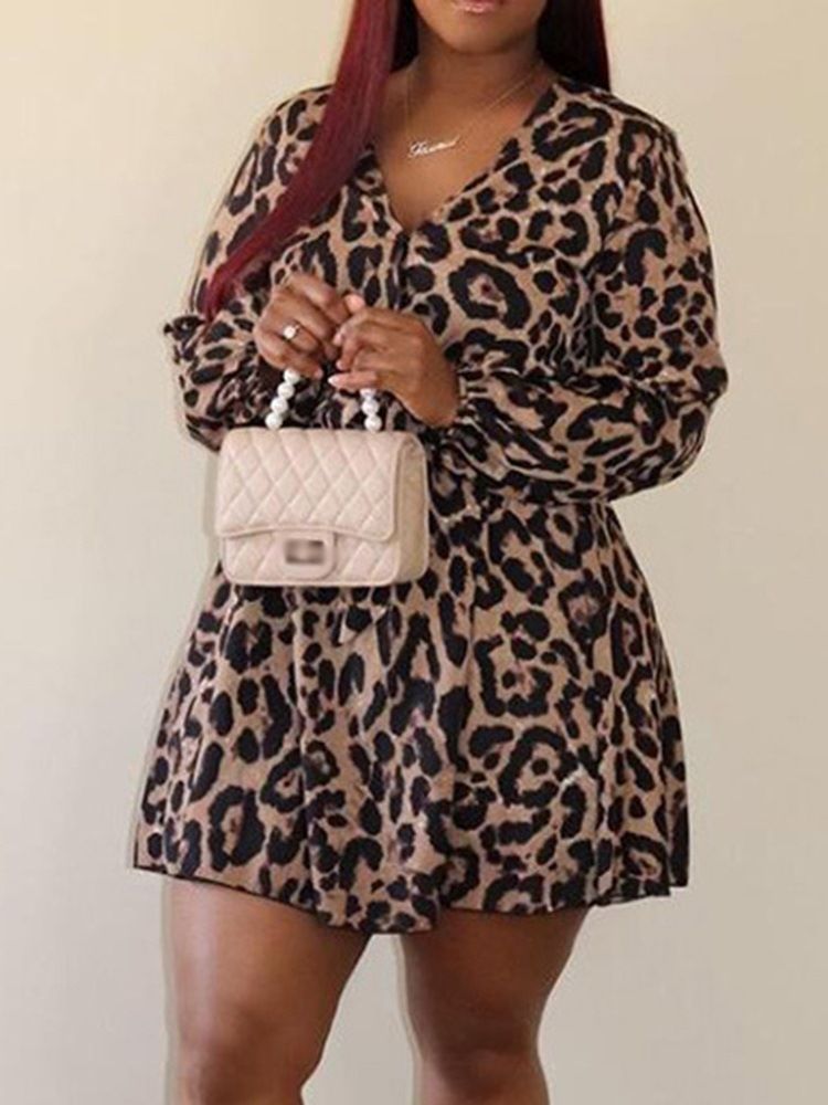 Over Kneet Langermet V-Hals Leopard Pullover Kjole