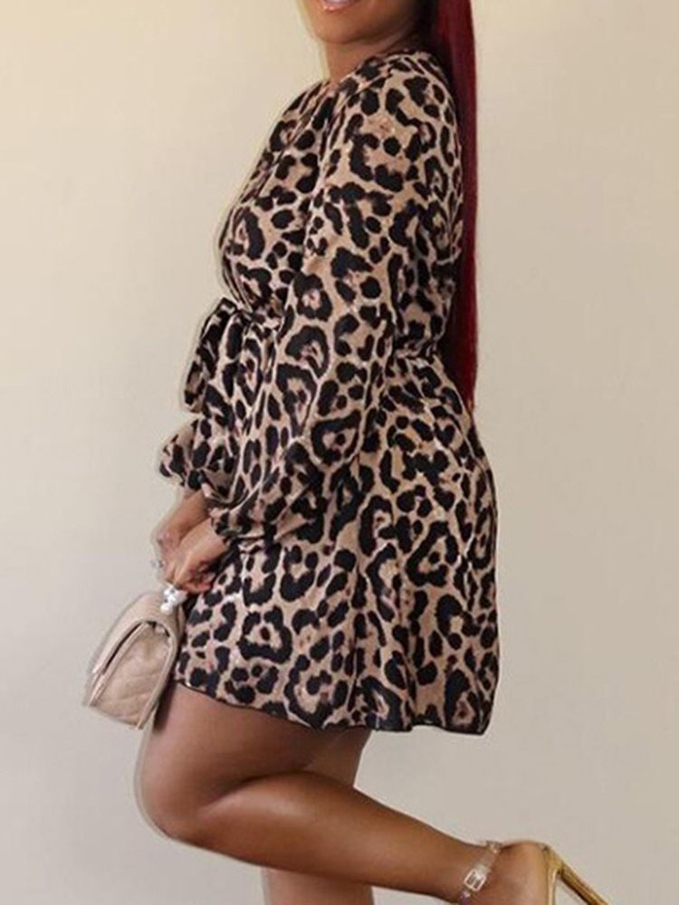 Over Kneet Langermet V-Hals Leopard Pullover Kjole