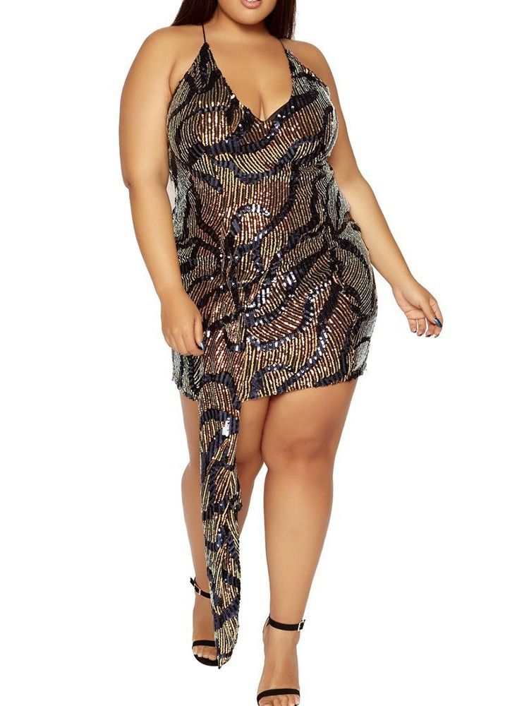 Paljetter Above Knee Sleeveless Western Bodycon Kjole Plus Size