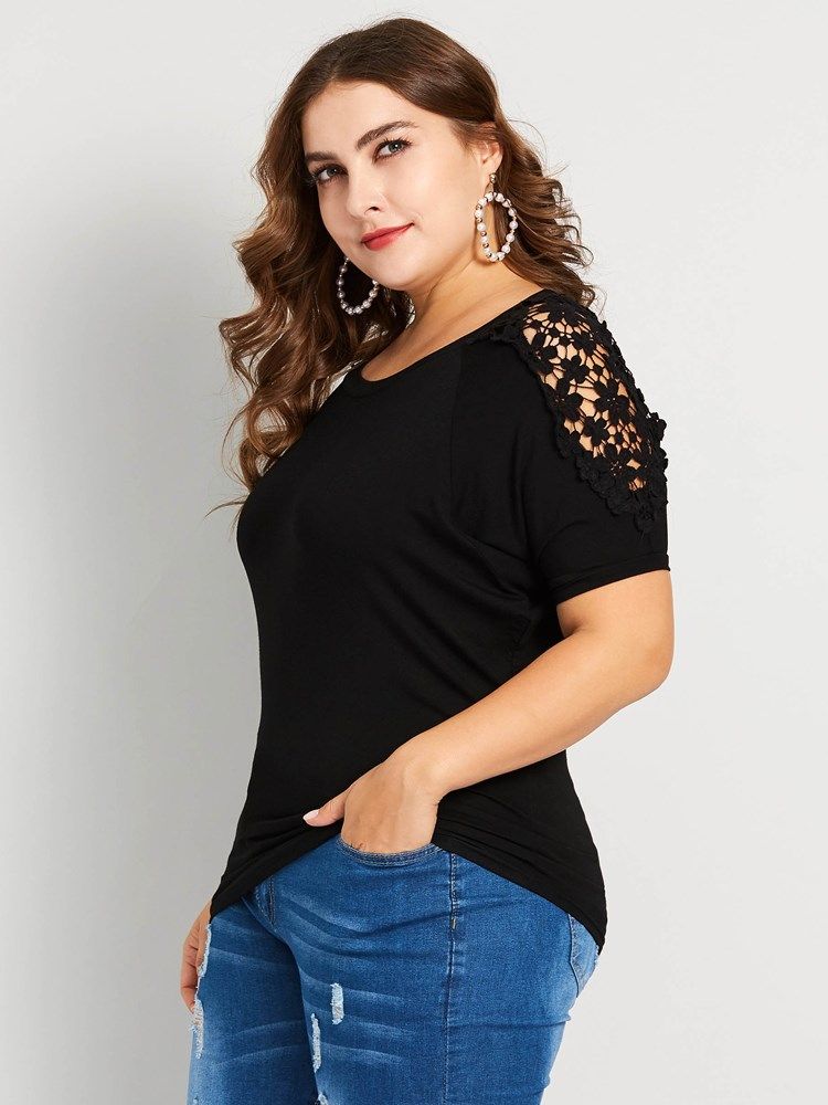 Patchwork Blonder Plus Size Løs T-Skjorte