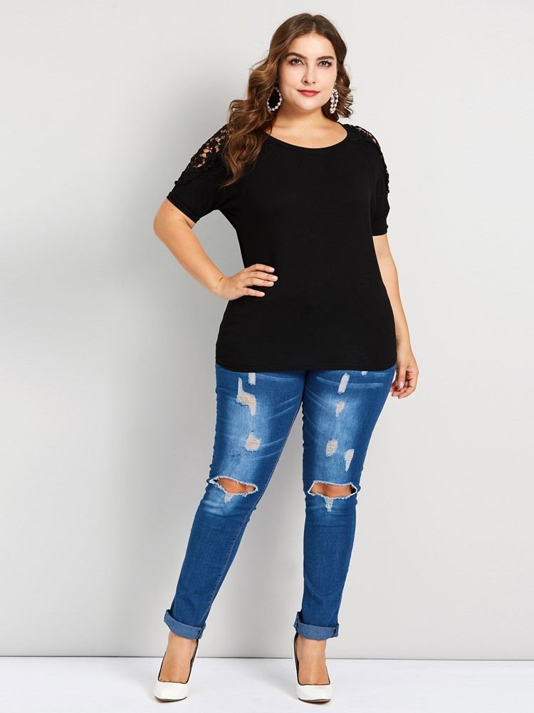 Patchwork Blonder Plus Size Løs T-Skjorte