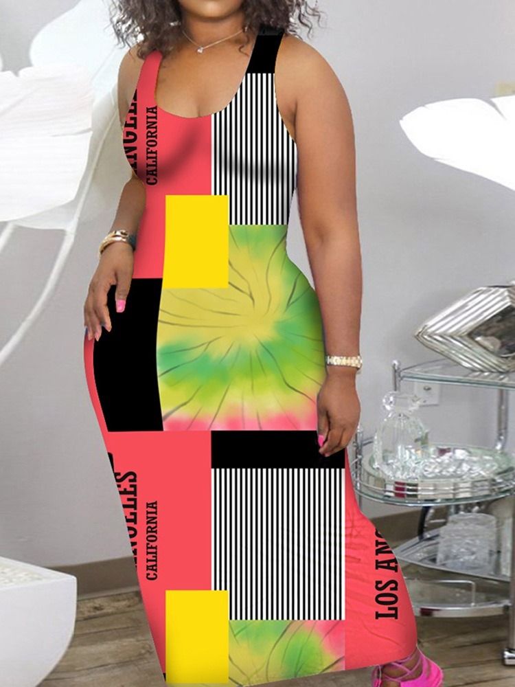 Patchwork Ermeløs Ankellengde Casual Color Block Bodycon Kjole Plus Size