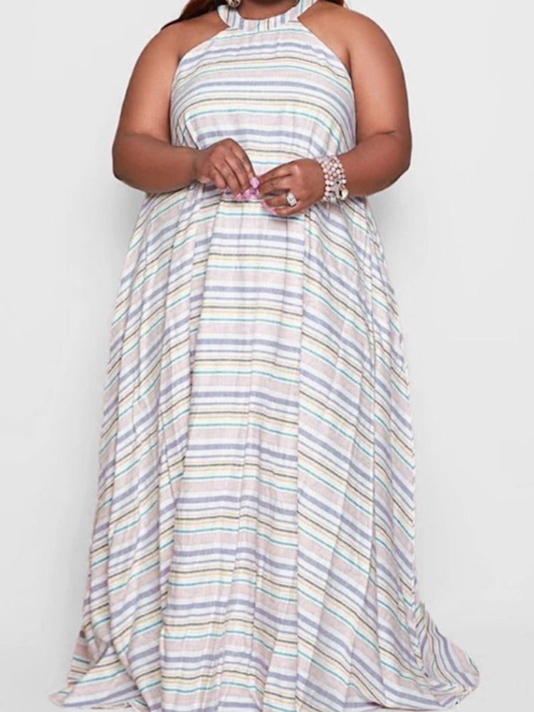 Patchwork Gulvlengde Ermeløs Stripe Maxi Kjole Plus Size