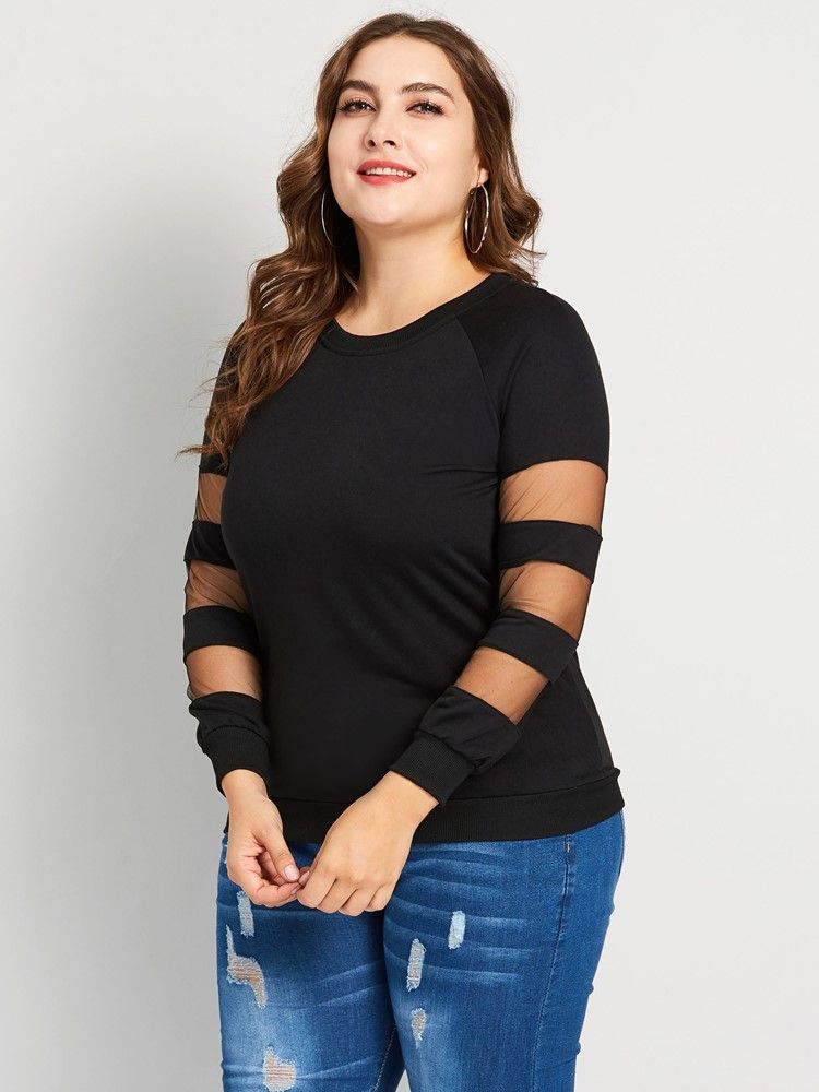 Patchwork Mesh Plus Size Casual T-Skjorte