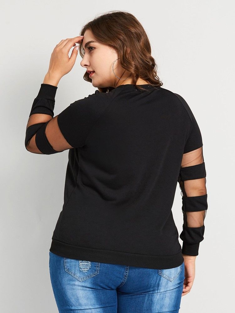 Patchwork Mesh Plus Size Casual T-Skjorte