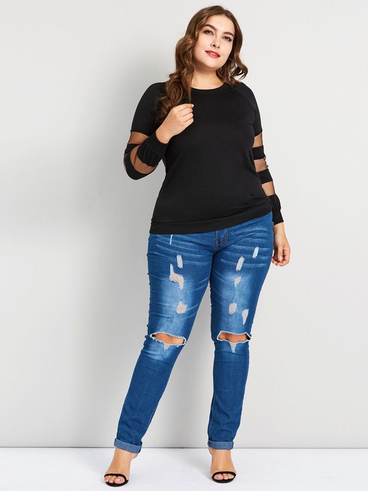 Patchwork Mesh Plus Size Casual T-Skjorte