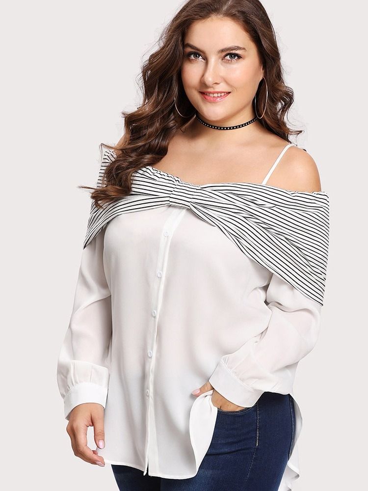 Patchwork Stripe Mid-Length Plus Size Bluse