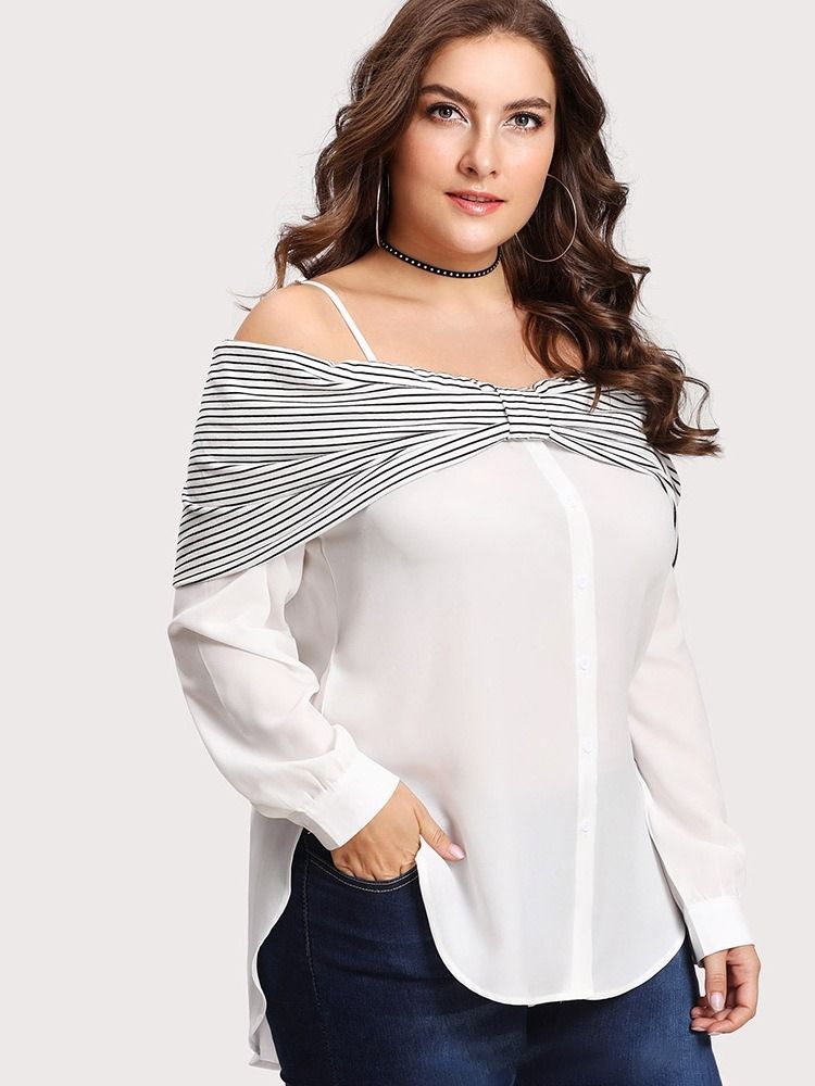 Patchwork Stripe Mid-Length Plus Size Bluse