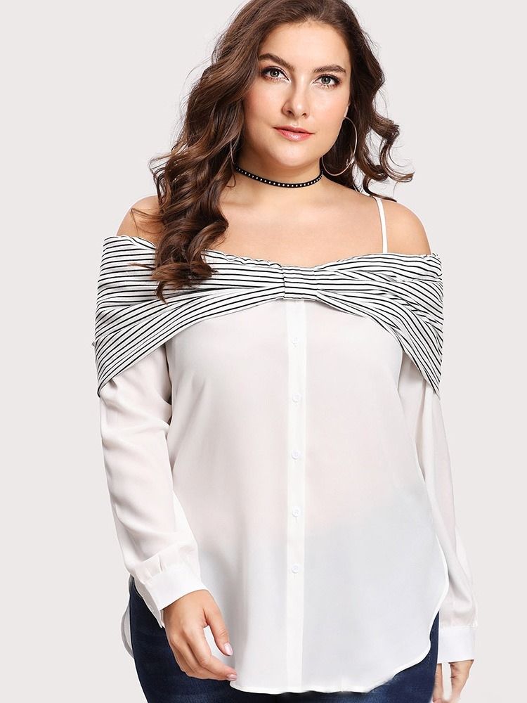 Patchwork Stripe Mid-Length Plus Size Bluse