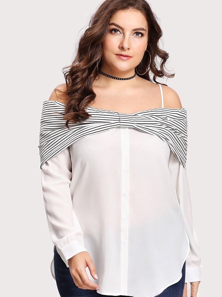 Patchwork Stripe Mid-Length Plus Size Bluse